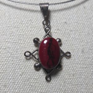 VTG Mexico 925 Sterling Silver Pendant Red Cabachon Choker Boho Gothic Artisan